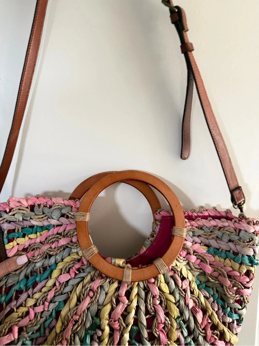 Woven Multicolor Patricia nosh  Straw Tote Bag with Wooden Ring Handles